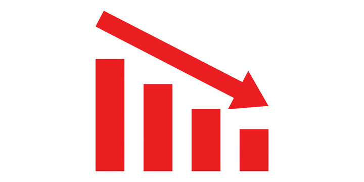 Red bar chart showing downward trend with a descending arrow, representing financial decline or negative statistics, conceptual graphic for recession or losses on transparent background.