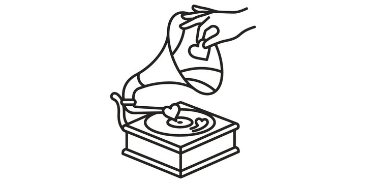 Vintage gramophone record player line art illustration with hand dropping hearts into phonograph horn for romantic retro music concept isolated on transparent background vector sign.