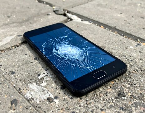 A damaged smartphone lies on a cracked concrete surface. The screen is shattered