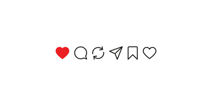 Social media interface interaction icons set including heart like comment repost share save and favorite symbols on transparent background for digital content and network engagement.