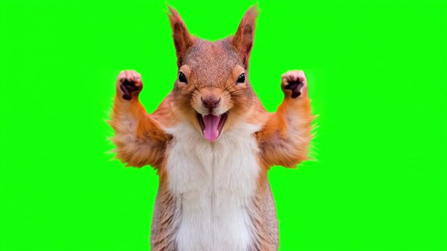 Realistic Squirrel raising hands and cheering joyfully, victorious business success and winning celebration concept isolated on chroma key green screen background. 3D.