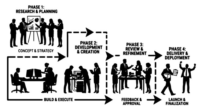 Business Process Flowchart: Concept, Development, Review, and Deployment Stages, Vector Illustration