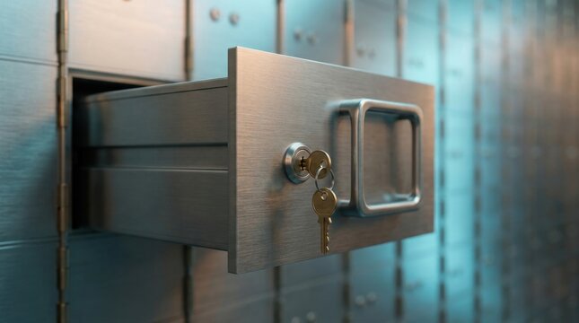 Open metal safe deposit box with key and drawer, secure storage for valuables.