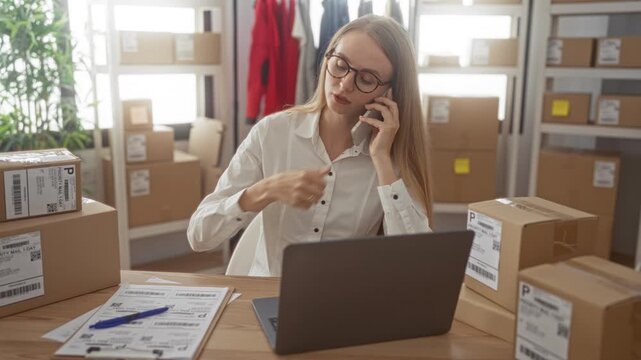 Woman writes shipping labels with pen and talks on smartphone while packing cardboard boxes at a small ecommerce desk inside a building; small business focused.