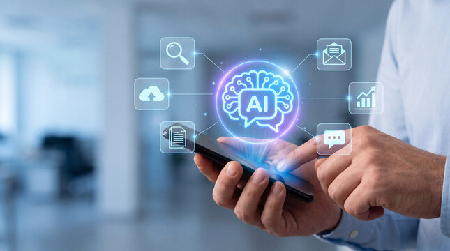 Artificial intelligence concept hands holding smartphone digital interface glowing ai icon technology background business communication online search cloud service data analysis message icon