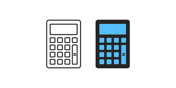 Calculator vector icon set with outline and solid flat styles for accounting finance math calculation tools business electronic equipment office supplies isolated on transparent grid.