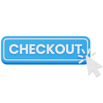 Blue checkout button with mouse cursor 3D rendering for online shopping