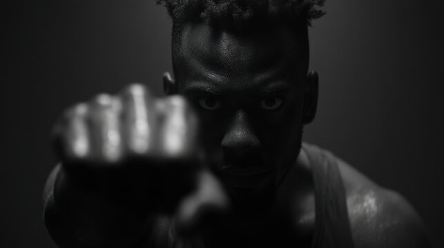 Boxer demonstrating punch in dramatic black and white lighting