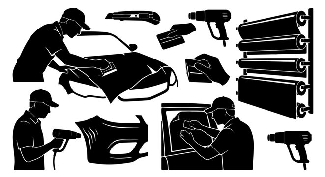 Car Wrap Installation Set, Vehicle Vinyl Application Tools, Automotive Detailing Icons, Professional Service Graphics
