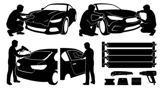 Car Wrapping Service Icons, Automotive Vinyl Application Tools, Professional Vehicle Customization Graphics, Silhouette Set