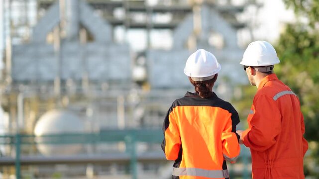 Engineering team reviewing inspection report at refinery plant, industrial maintenance, production operation, facility management, engineering communication, technical inspection.