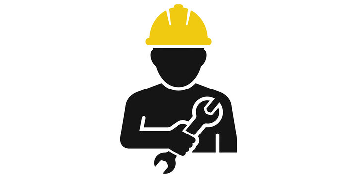 Professional construction worker holding metal wrench wearing yellow hard hat as industrial maintenance repairman character isolated on transparent background for business concept.