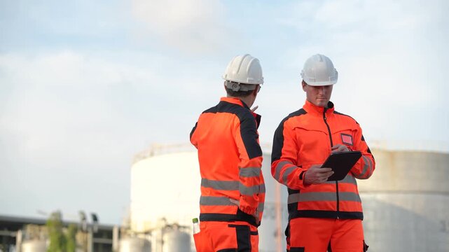 Industrial engineers reviewing production process at oil refinery, engineering inspection, refinery maintenance, energy production, technical collaboration, facility operation.