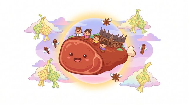 Kawaii Indonesian Rendang Fantasy Island Illustration with Cute Smiling Beef Rendang, Bone, Minangkabau Rumah Gadang, Children in Traditional Minang Costume, Flying Angel Star A