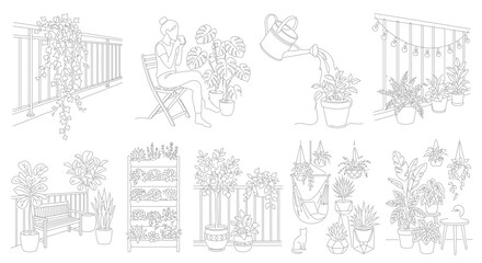 Fototapeta premium Balcony Garden Vector Set, Urban Green Space Illustrations, Cozy Outdoor Living Elements, Minimalist Line Art Decor