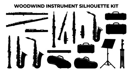 Fototapeta premium Woodwind Instrument Silhouette Kit, Vector Graphics Set: Flutes, Clarinets, Saxophones, Oboes, Bassoons, Cases, Music Stand, Black Icons for Music Education, Performance, Design
