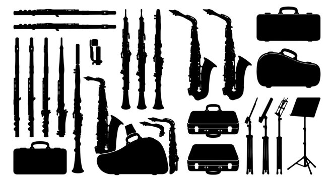 Woodwind Instrument Collection, Saxophone and Clarinet Silhouettes, Music Accessories Set, Vector Graphics for Performance and Education
