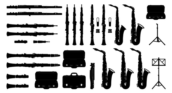 Black Silhouette Vector Icons of Woodwind and Brass Instruments, Saxophones, Clarinets, Oboes, Cases, and Music Stands, Musical Ensemble Elements