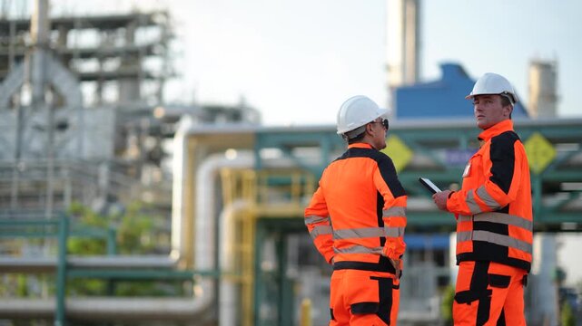 Industrial engineering team reviewing refinery process on site, oil and gas operation, technical inspection, production planning, facility management, engineering collaboration.