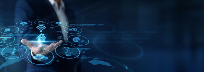Tech technician remotely configuring sensors, holding handheld interfaces for Smart Home integration via Global network servers. Managing household tech easily. Enhancing daily lifestyle. © Nexus Studio