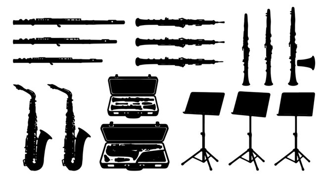 Woodwind and Saxophone Silhouettes, Music Stands, and Instrument Cases Vector Set: Orchestral and Jazz Ensemble Elements for Music Design