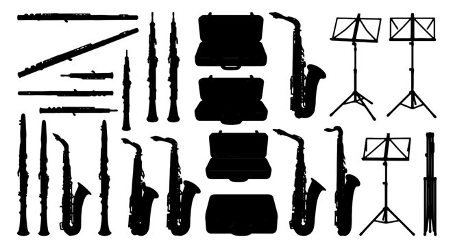 Woodwind and Brass Instruments Collection, Saxophone, Clarinet, Oboe, Flute Silhouettes, Music Stands, Cases, Vector Icons for Performance and Education