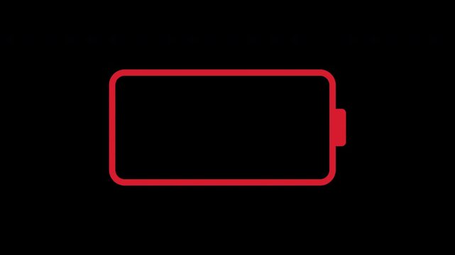 Battery charge status indicator. Low battery charging animation. Animation on a black background.