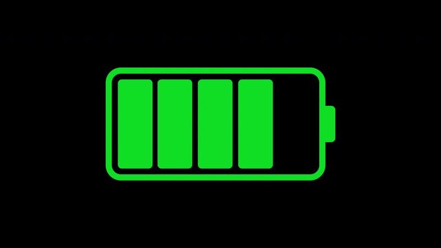 Battery charge status indicator. Full battery charging animation. Animation on a black background.