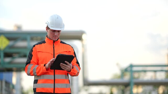Male engineer conducting refinery inspection and production review, industrial operation, oil and gas facility, equipment monitoring, maintenance workflow, technical management.
