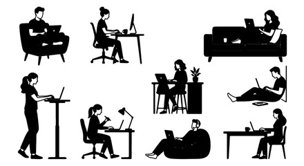 Diverse Silhouettes of People Working Remotely, Studying, and Relaxing with Laptops, Vector Collection for Digital Lifestyle Concepts