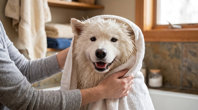 Happy wet Samoyed dog being dried with a towel during pet grooming routine after bath, a post bath dog moment for animal wellness, domestic pet hygiene, and dog owner care.