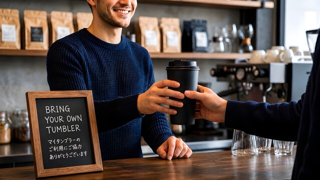 Sustainable cafe operations showing customer using a reusable black tumbler to reduce single-use plastic waste