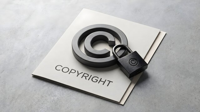 Digital rights management and intellectual property law concept showing a locked copyright symbol on printed document