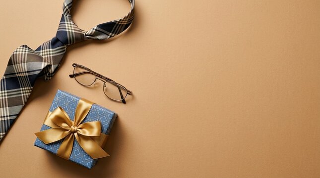 Flat lay composition with a patterned necktie eyeglasses and a gift box for fathers day celebration