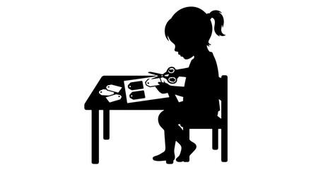 Silhouette of a child cutting out tags with scissors at a table, creative crafting activity, simple black and white vector illustration for design projects