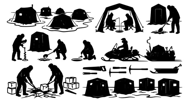 Ice Fishing Village Set, Winter Outdoor Activity Icons, Cold Weather Recreation Vector Graphics, Snowmobile and Shelter Illustrations