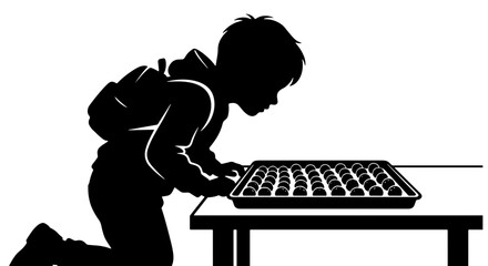 Child Silhouette, Backpack, Baking Tray with Cookies, Table, Learning, Discovery, Sweet Treats, Childhood Memories, Vector Art