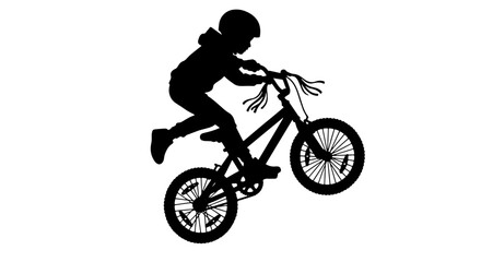 Fototapeta premium Silhouette of a Child Performing a Bicycle Wheelie, Vector Art of Extreme Sports and Outdoor Activity, Dynamic Action Silhouette for Graphic Design