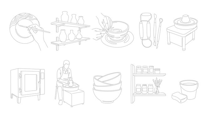 Pottery Making Icons: Ceramic Craft Process, Tools, Kiln, Wheel, Shelves, Buckets, Creative Hobby Vector Set