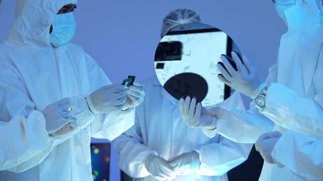Team of scientist wearing protective hazmat suit safety goggle hairnet surgical mask inspect silicon wafer round disk inside semiconductor research laboratory cleanroom