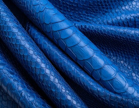 Close-up of vibrant blue snake skin, folded and textured, with scales visible