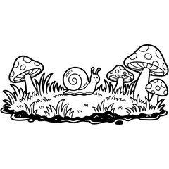 Naklejka premium Cute snail in a forest with mushrooms for kids coloring page.