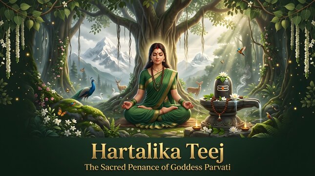 Goddess parvati meditating for hartalika teej festival spiritual celebration with Hinduism