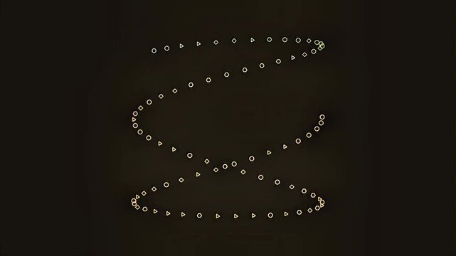 Abstract spring glowing lissajous orbit on deep black background featuring a geometric zigzag pattern made of luminous circular light dots
