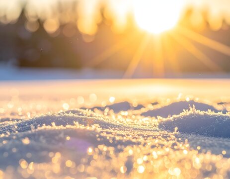 Golden sun bursts over snow-covered landscape, glistening on frosty textures