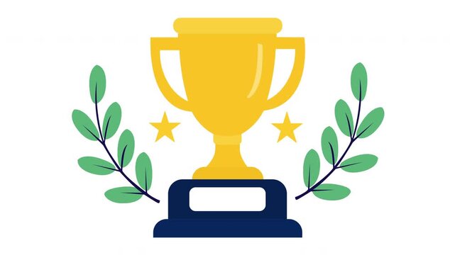 Flat Vector Animation of Gold Trophy Cup with Green Laurel Wreath Symbolizing Success and Achievement