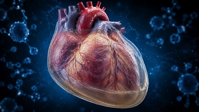 Healthy Human Heart with Transparent Pericardium, Detailed Cardiac Anatomy and Cardiovascular System, Medical Illustration