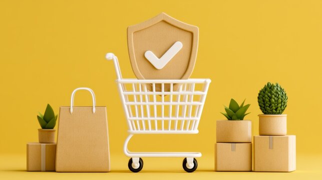 Conceptual representation of consumer protection in online shopping, featuring a shopping cart with a shield symbol, surrounded by plants and eco-friendly packaging on a vibrant yellow background.