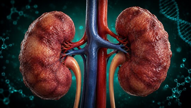End-Stage Chronic Kidney Disease with Bilateral Renal Atrophy, Advanced Renal Fibrosis and Progressive Kidney Failure, Medical Illustration