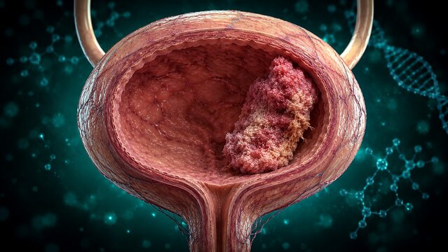 Muscle-Invasive Bladder Cancer with Advanced Urothelial Carcinoma, Human Urinary Bladder Anatomy and Urologic Oncology Pathology, Medical Illustration